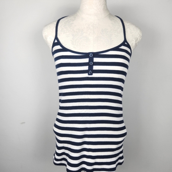 Y2K Vintage Old Navy White Stripped Thin Strap Henley Ribbed Tank Top Size M - Picture 10 of 10
